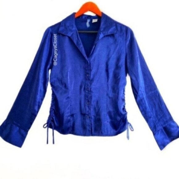 Canyon River Blues Blouse 7-9 Juniors Satin Indigo Blue Ruched Sides 90s Vintage - Picture 3 of 12